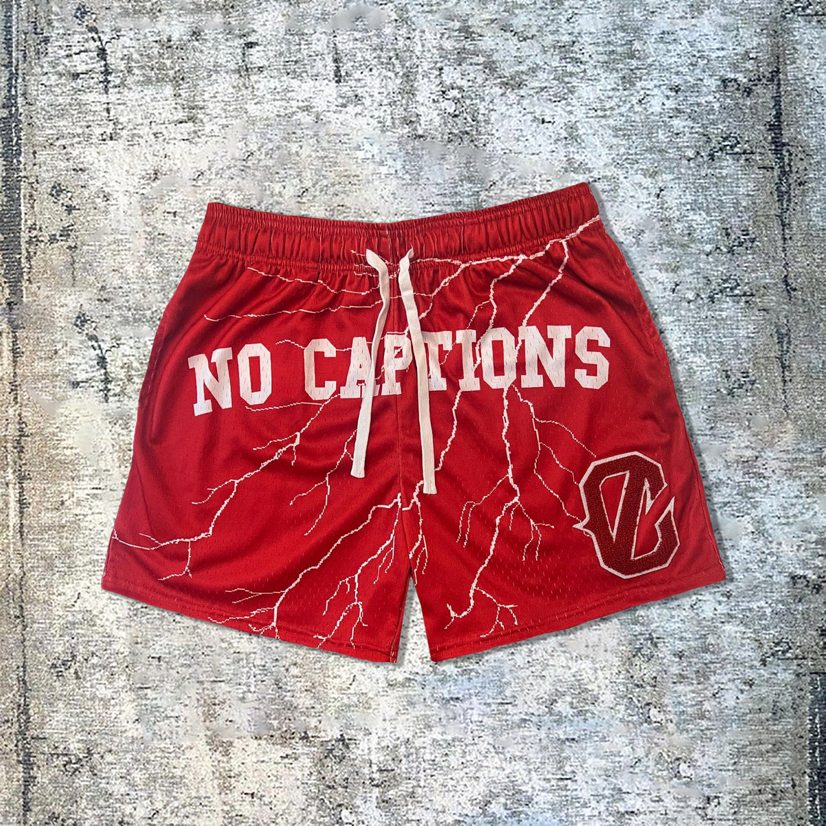 Rote Lightning-Print-Mesh-Shorts