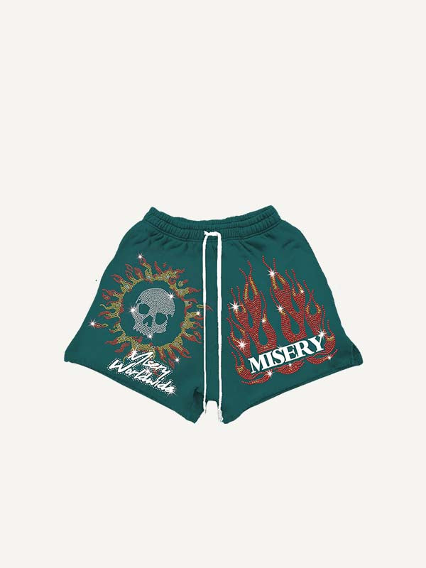 Short met trekkoord in de taille, faux-rhinestoneprint met schedel, vuur en letters