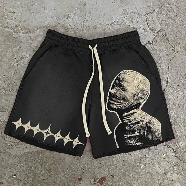 Pantaloncini vintage con grafica di statua in pietra di una mummia