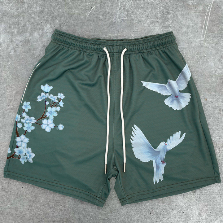 Cherry Blossom Dove Print Graphic Men's Mesh Shorts