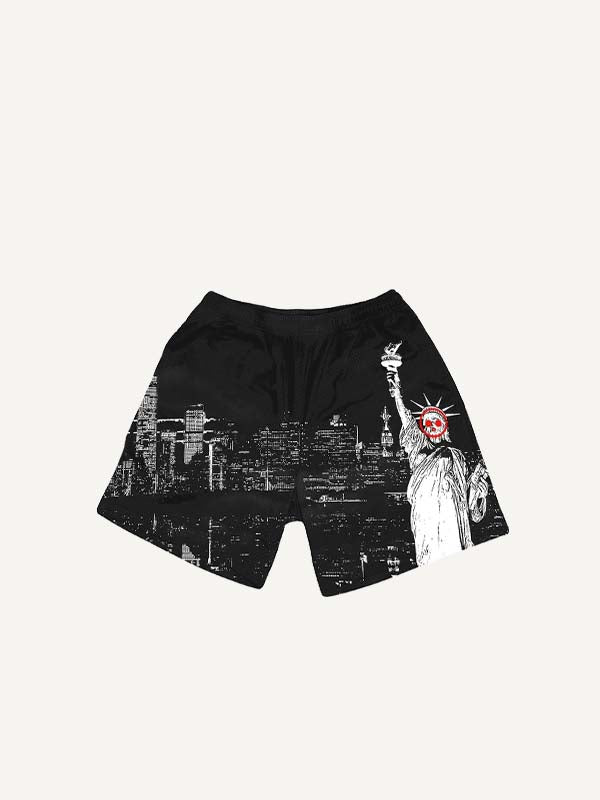City&Statue Of Liberty Print Drawstring Waist Shorts