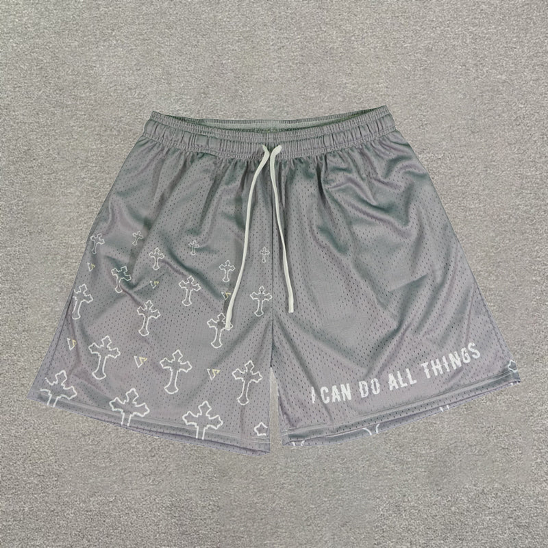 Meshshort met 'I Can Do All Things'-print en trekkoord