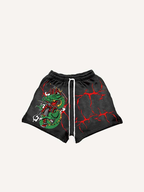 Shorts mit Kordelzug, Krieger-, Drachen- und Buchstaben-Print