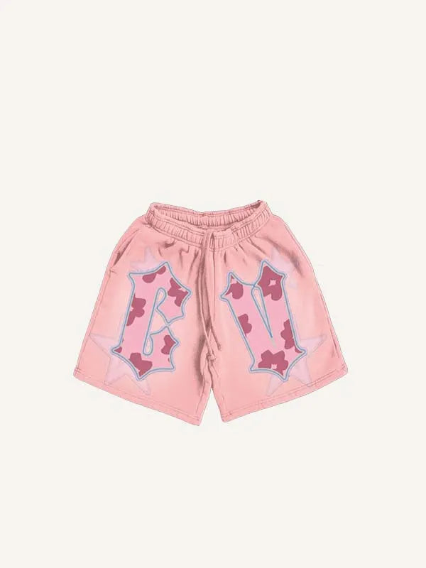 Pantaloncini con coulisse in vita, stampa effetto adesivo di stella e lettere