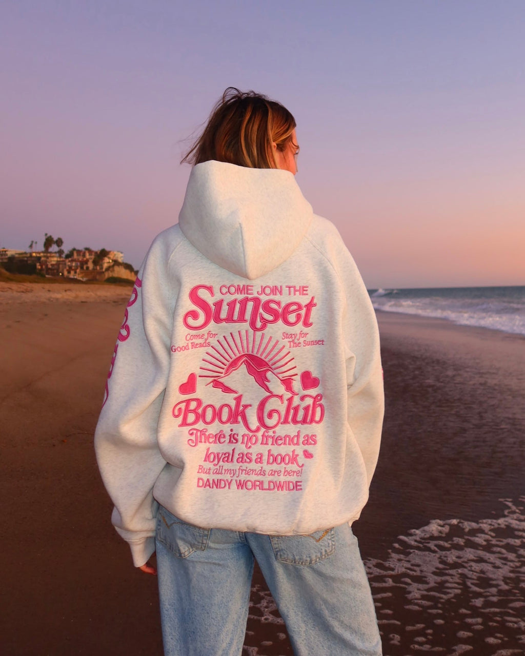 Sweat à capuche oversize "Book Club" gris chiné et rose
