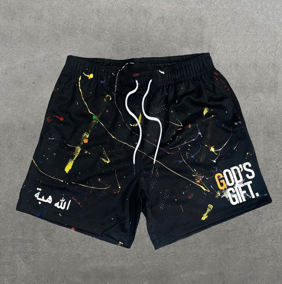 Vintage God's Gift Grafik Lässige Street Mesh-Shorts
