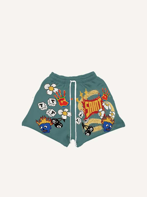 Pantaloncini con coulisse in vita e stampa di figura, dadi, motivi floreali, 8 nero, palma, grafica e scritte