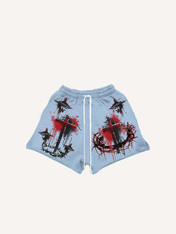 Shorts mit Kordelzug, Kreuz- und Grafik-Print