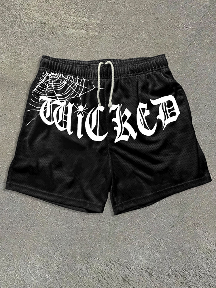 Meshshort met spinnentekst en grafische print