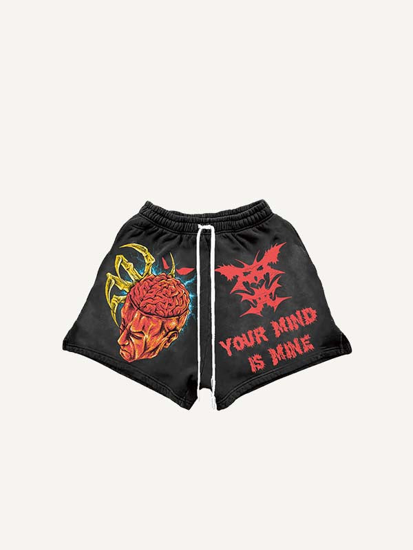 Shorts mit Kordelzug, Figure & Brain & Graphic & Letter Print