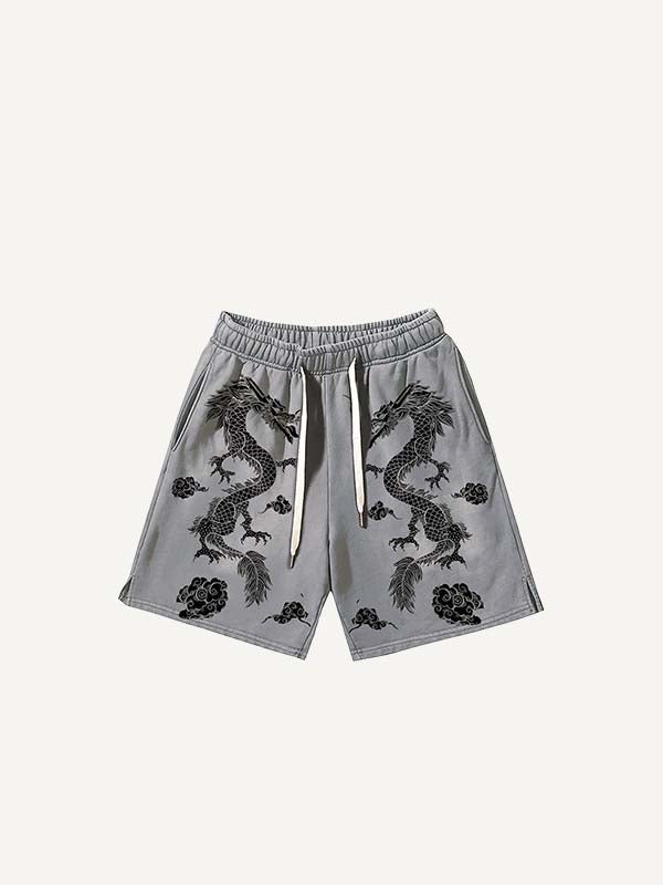 Pantaloncini con coulisse in vita, stampa con drago e nuvole