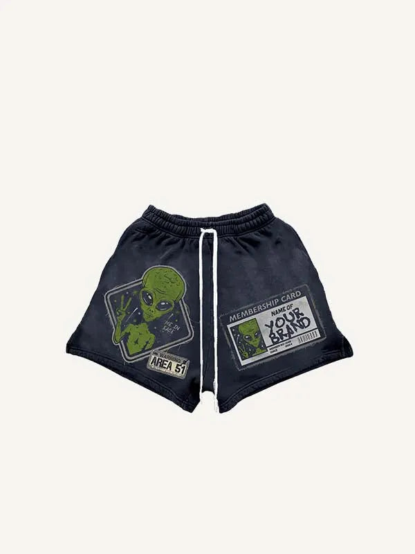 Alien&Letter Faux Decal Print Drawstring Waist Shorts