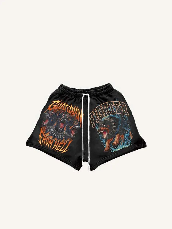 Dog&Fire&Letter Print Drawstring Waist Shorts
