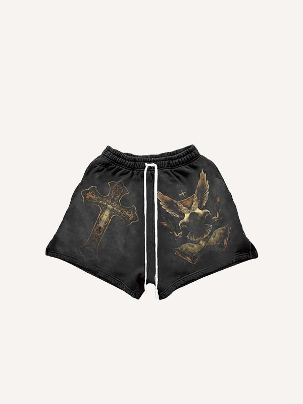 Cross&Pigeon Print Drawstring Waist Shorts