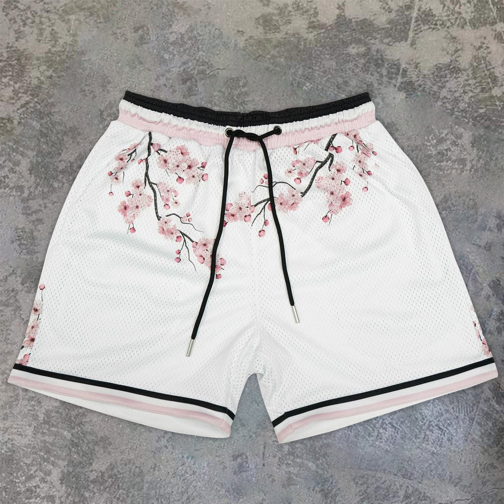 Pantaloncini sportivi larghi in rete, casual, con fiore artistico alla moda