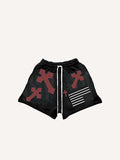 Cross&Graphic Print Drawstring Waist Shorts
