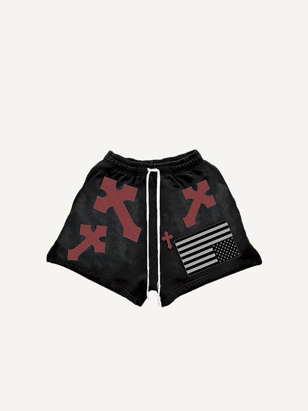 Cross&Graphic Print Drawstring Waist Shorts