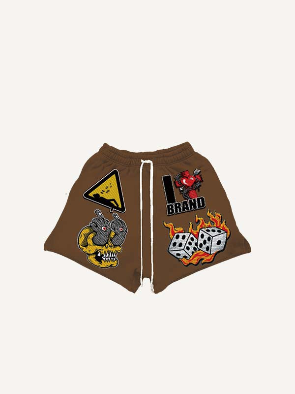 Skull&Fire&Graphic&Letter Faux Decal Print Drawstring Waist Shorts