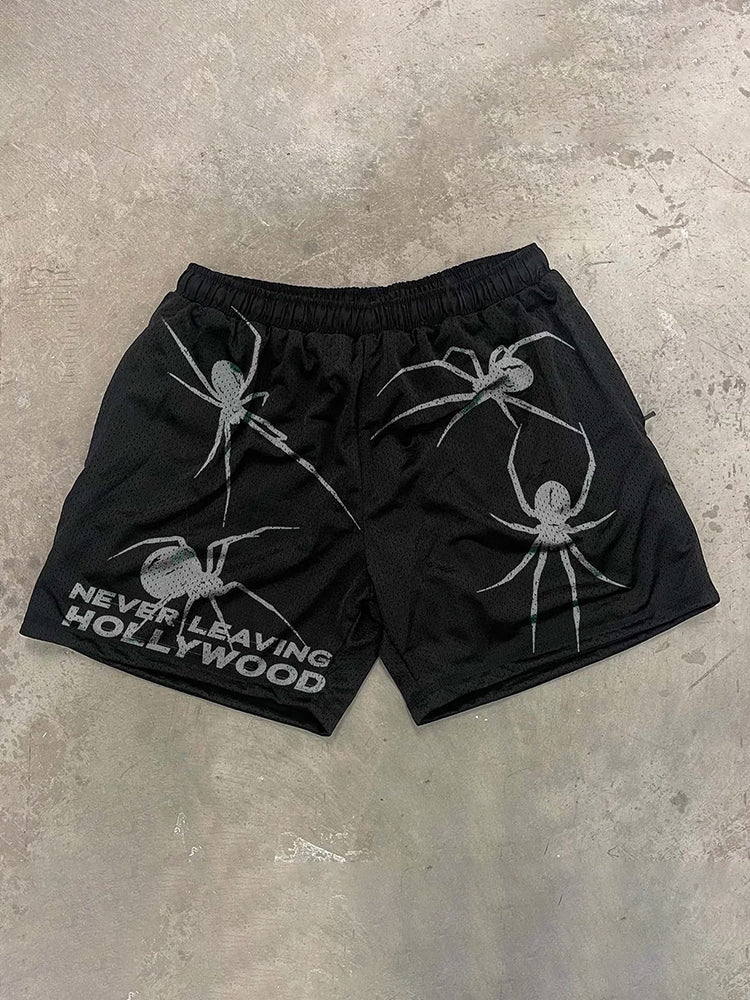 Meshshort met spinnen- en letterprint