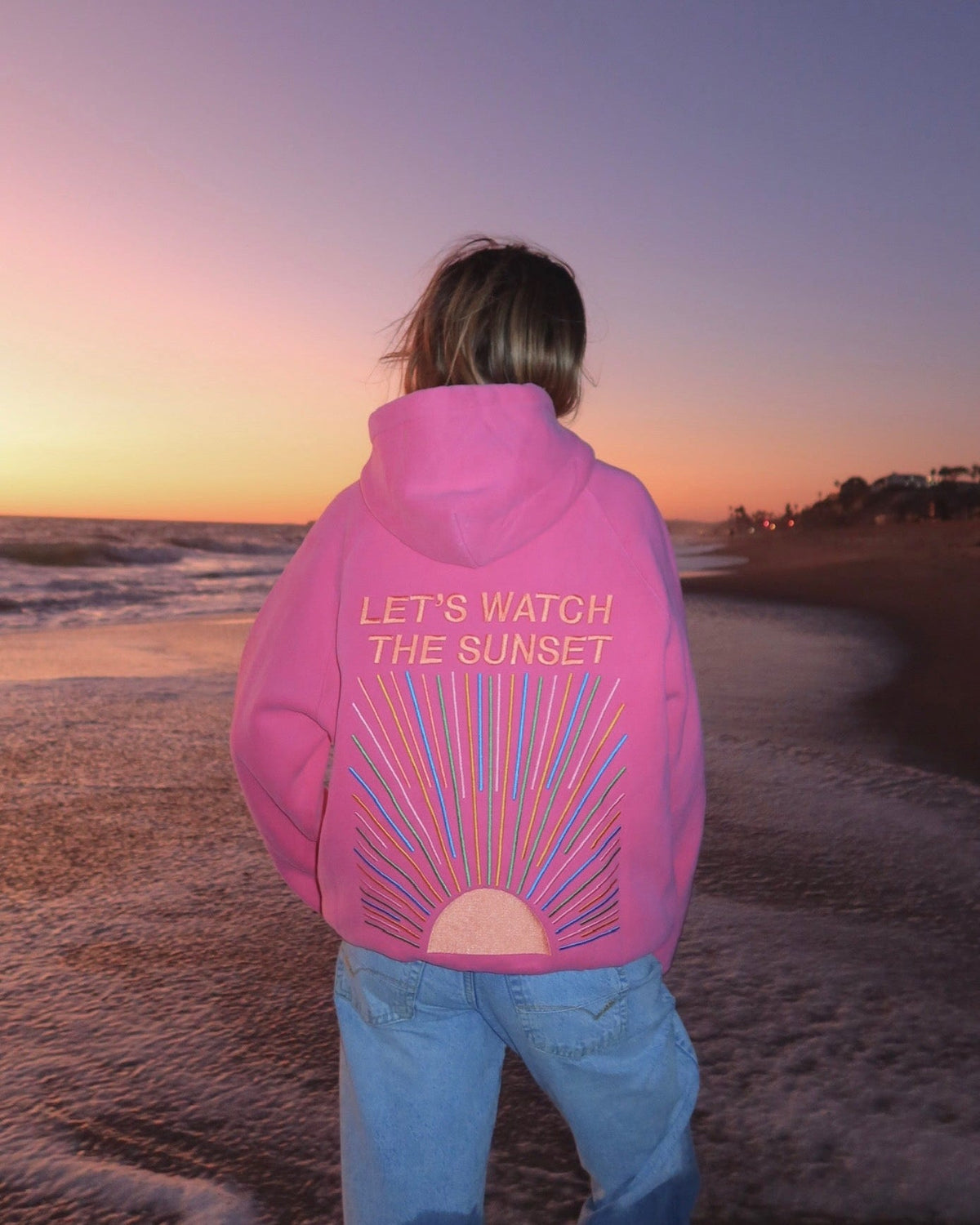 "Guardiamo il tramonto" felpa con cappuccio Lux oversize rosa effetto vintage slavato