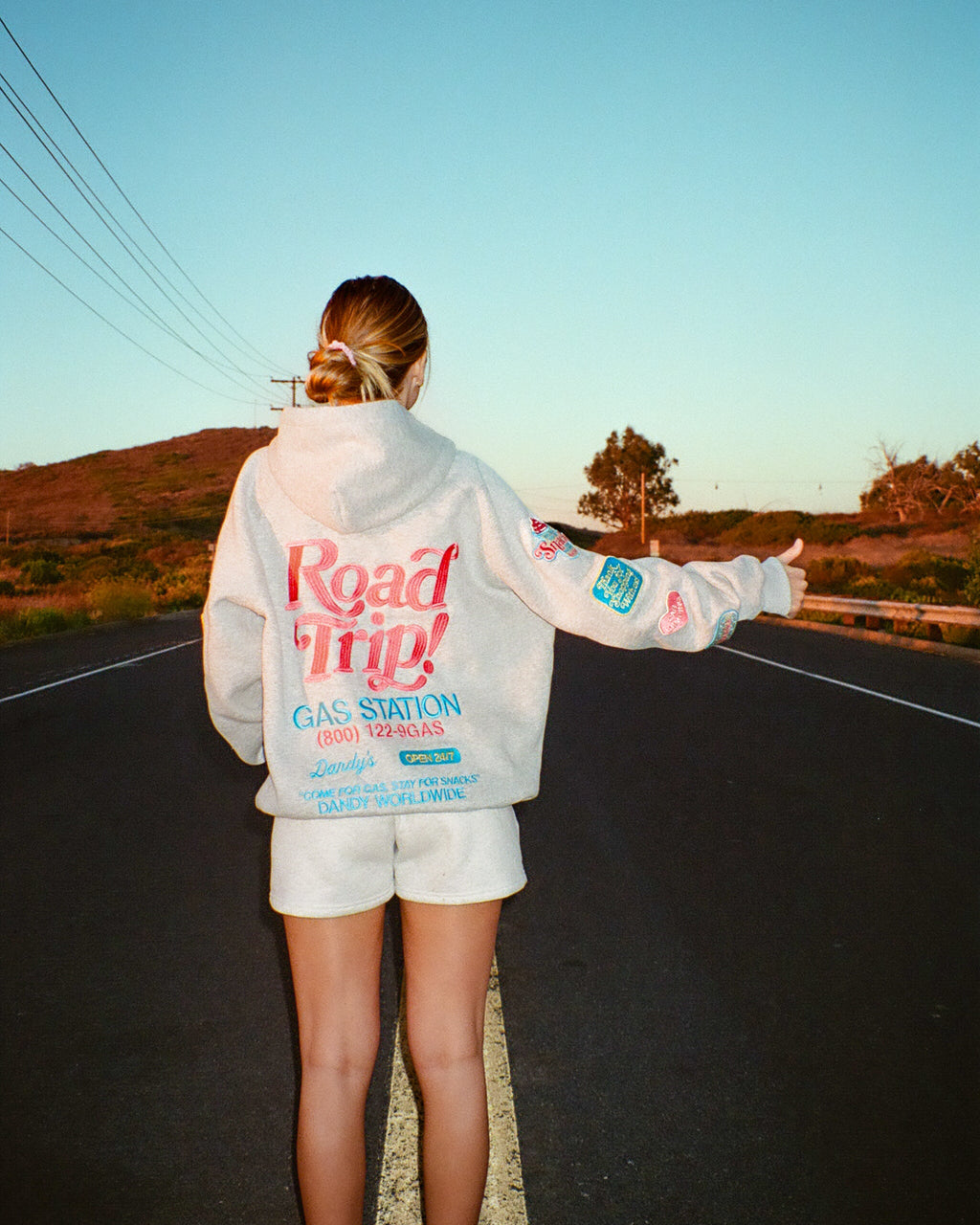 Sweat à capuche oversize « Road Trip ! » en gris chiné foncé