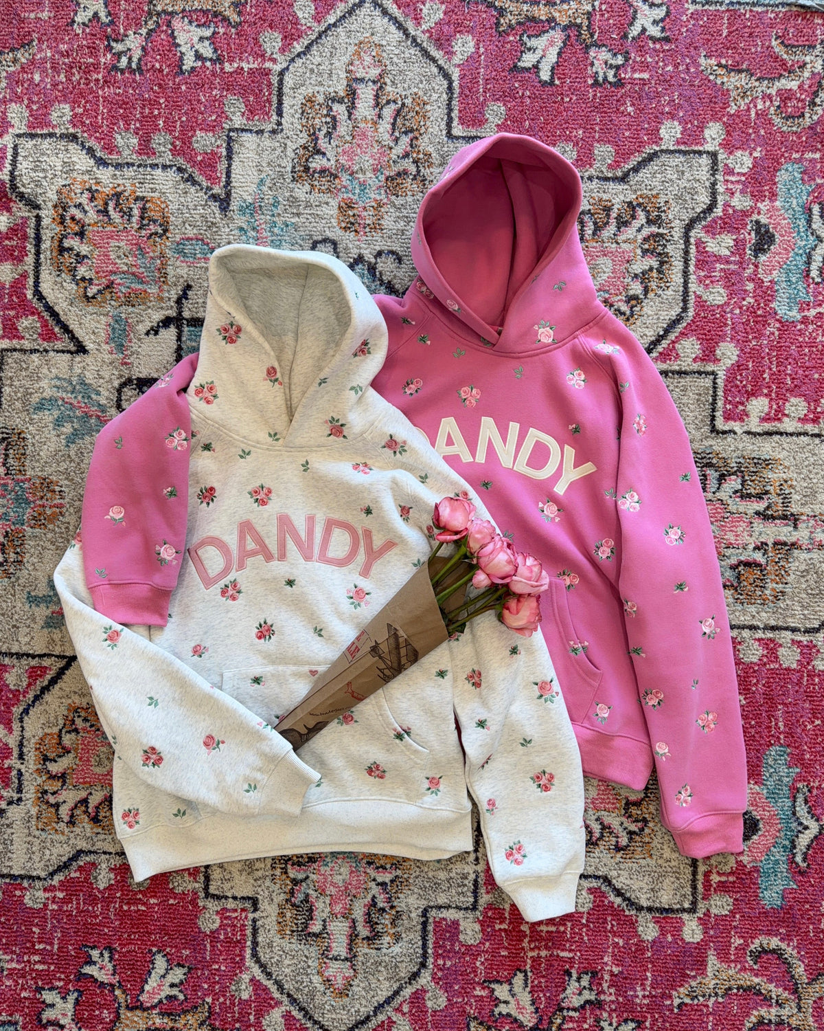 Sweat à capuche oversize Lux « Roses » rose