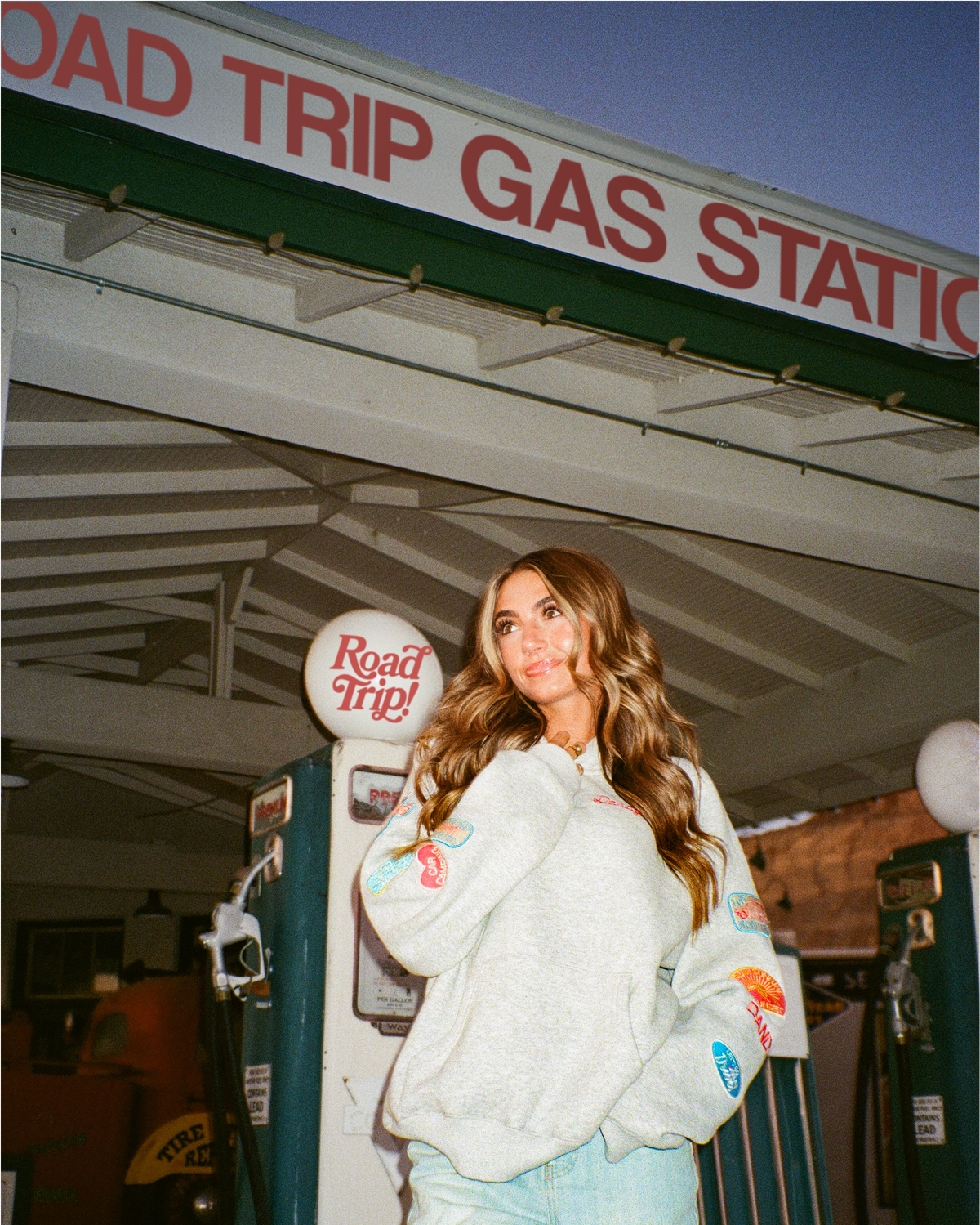 Sweat à capuche oversize « Road Trip ! » en gris chiné foncé