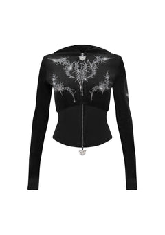 Felpa con cappuccio e cerniera in velluto CURSE RHINESTONE nera