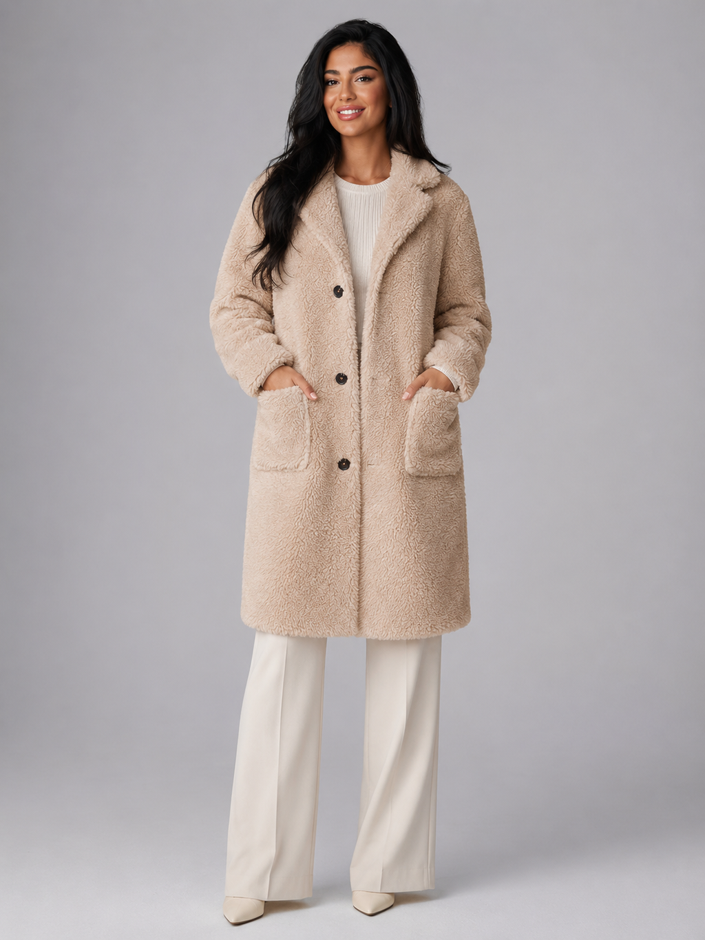 Women's Longline Teddy Borg Coat | Oversized Lapel Winter Coat