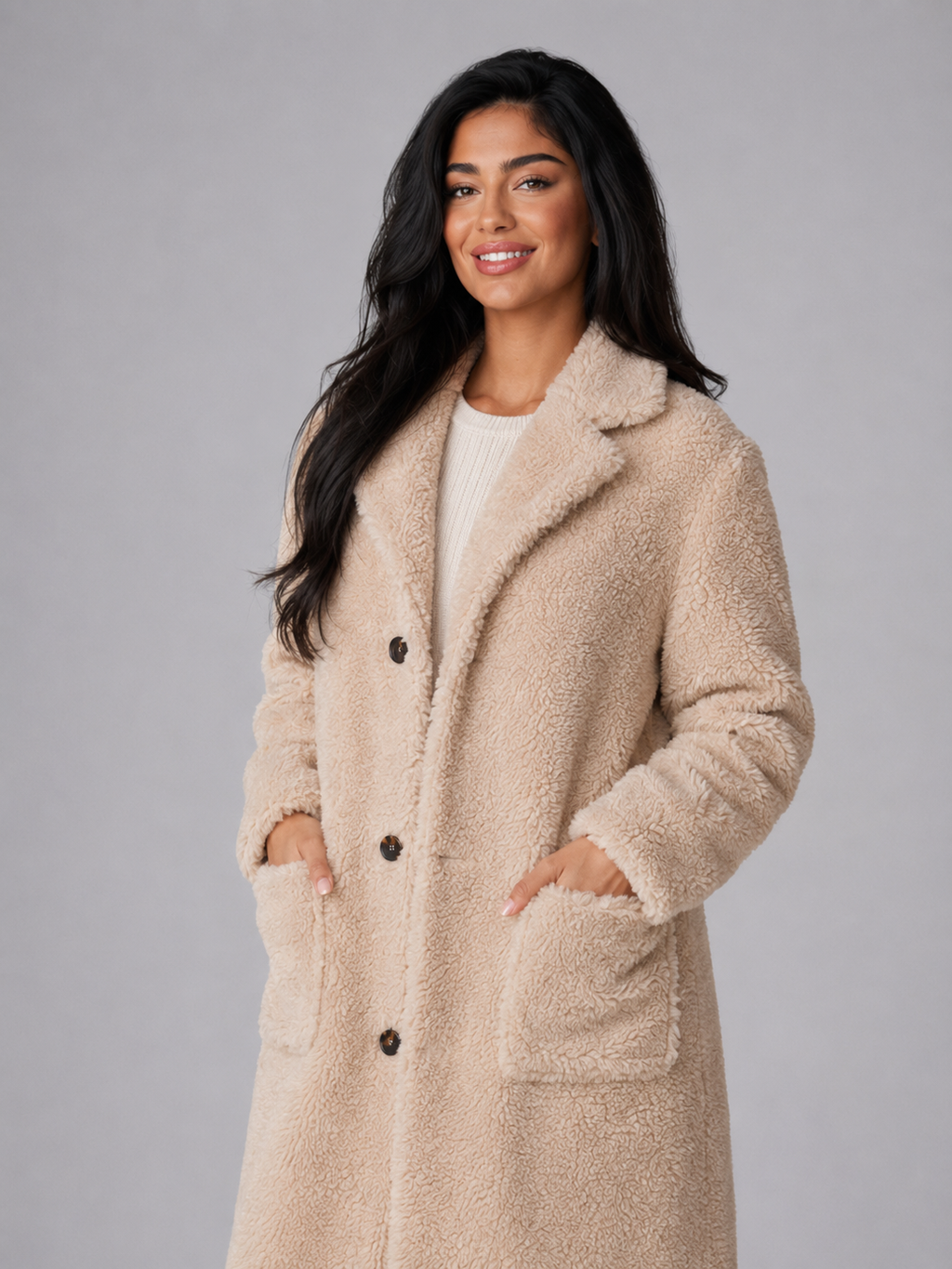 Women's Longline Teddy Borg Coat | Oversized Lapel Winter Coat