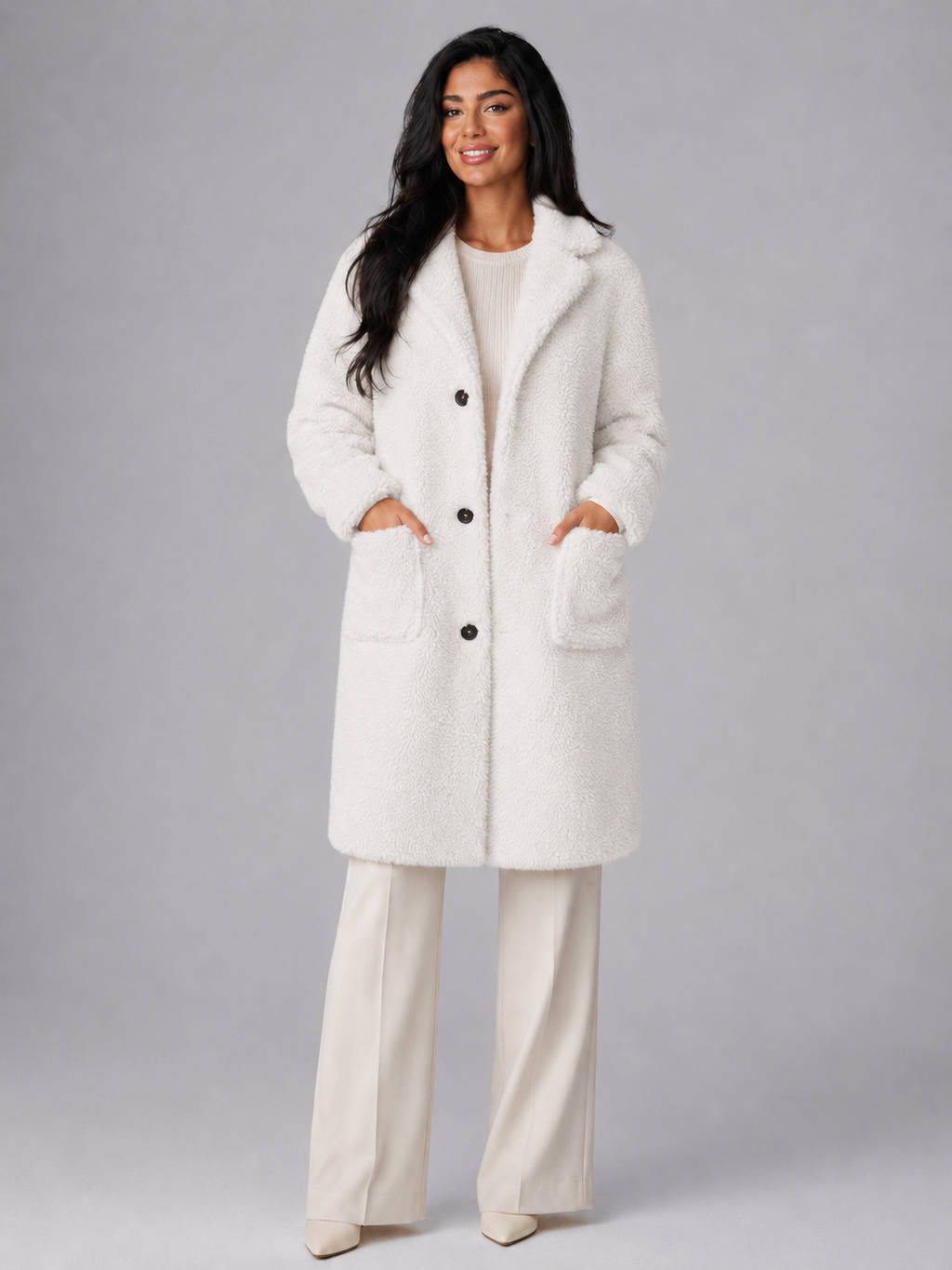 Women's Longline Teddy Borg Coat | Oversized Lapel Winter Coat