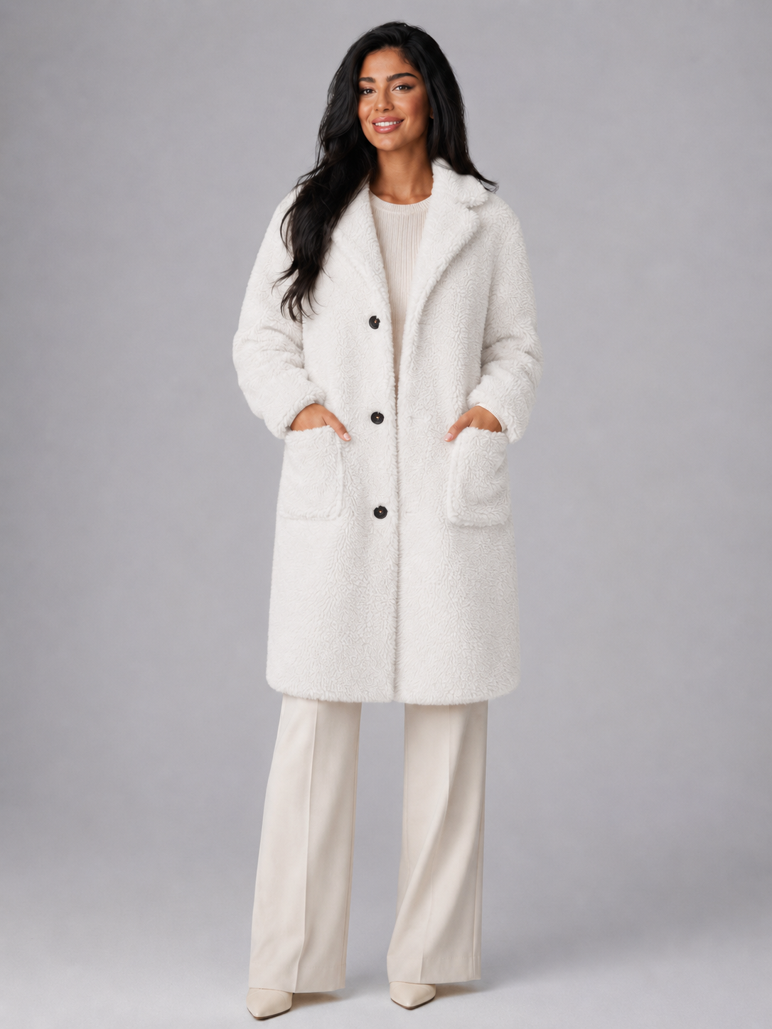 Women's Longline Teddy Borg Coat | Oversized Lapel Winter Coat