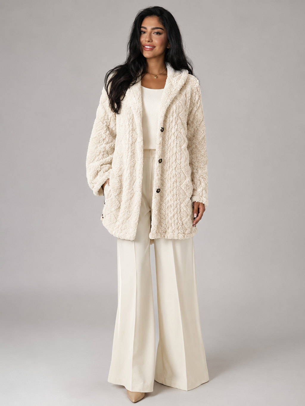 Women's Hooded Sherpa Coat | Longline Button-Front Teddy Jacket