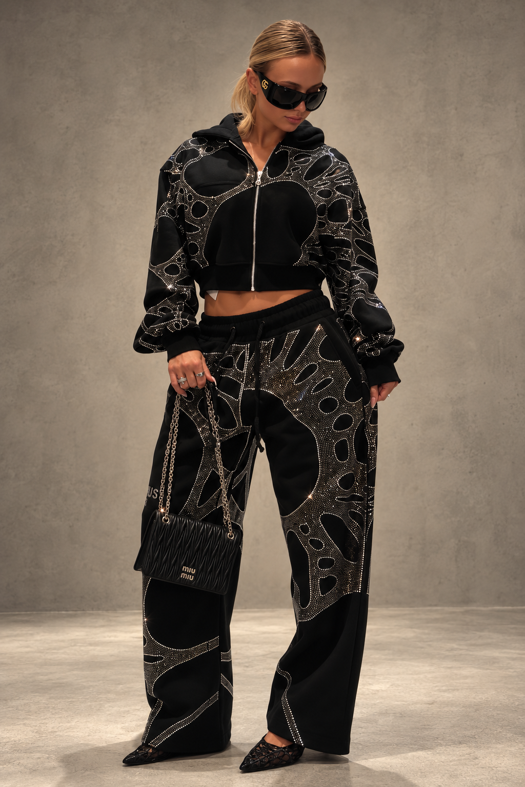 Ascent Black Rhinestone Cropped Hoodie