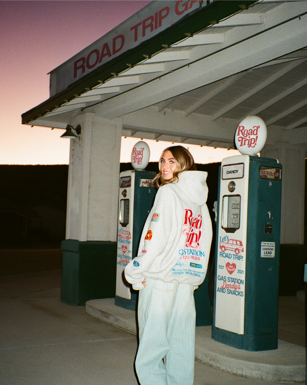 Sweat à capuche oversize « Road Trip ! » en gris chiné foncé