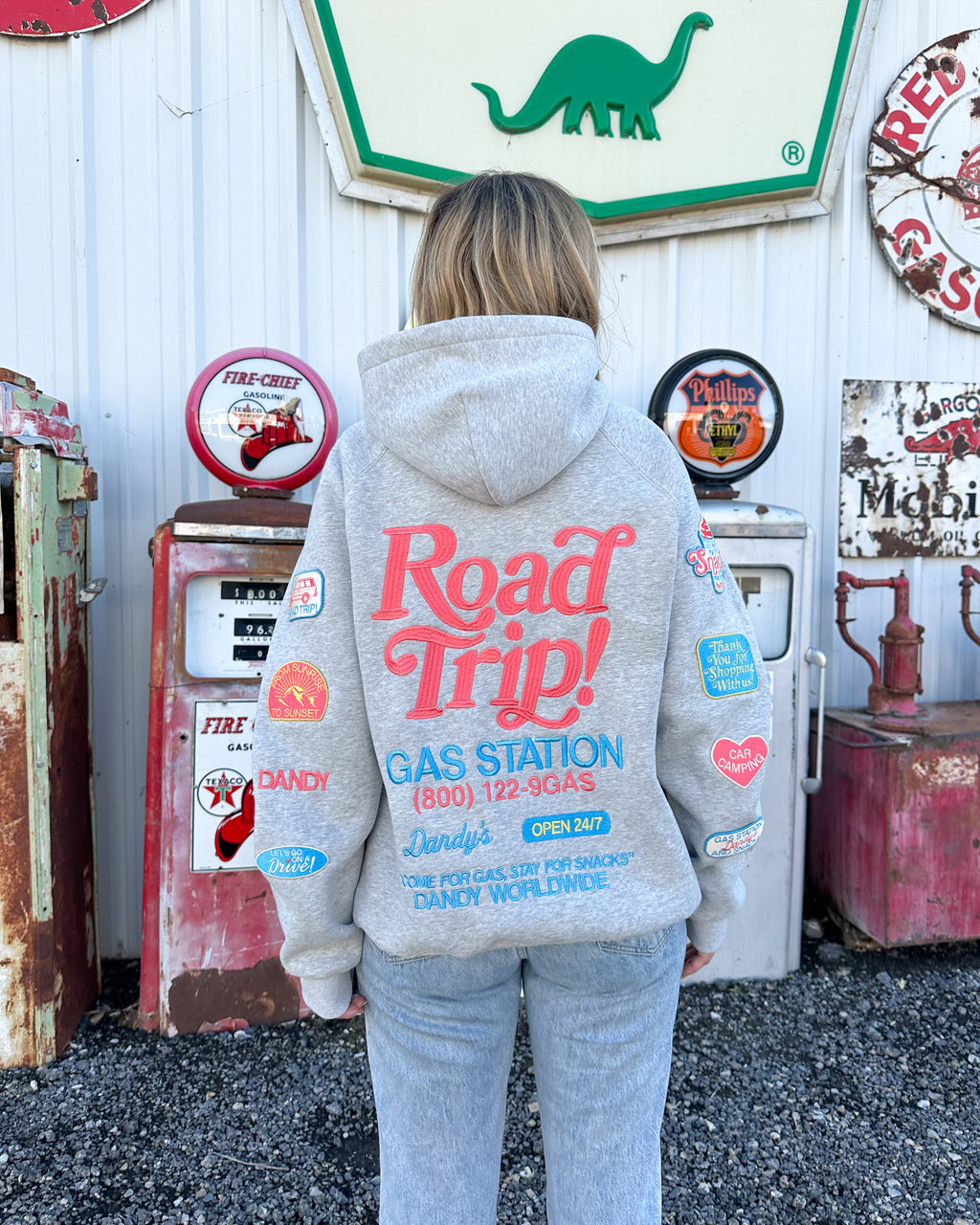 Sweat à capuche oversize « Road Trip ! » en gris chiné foncé