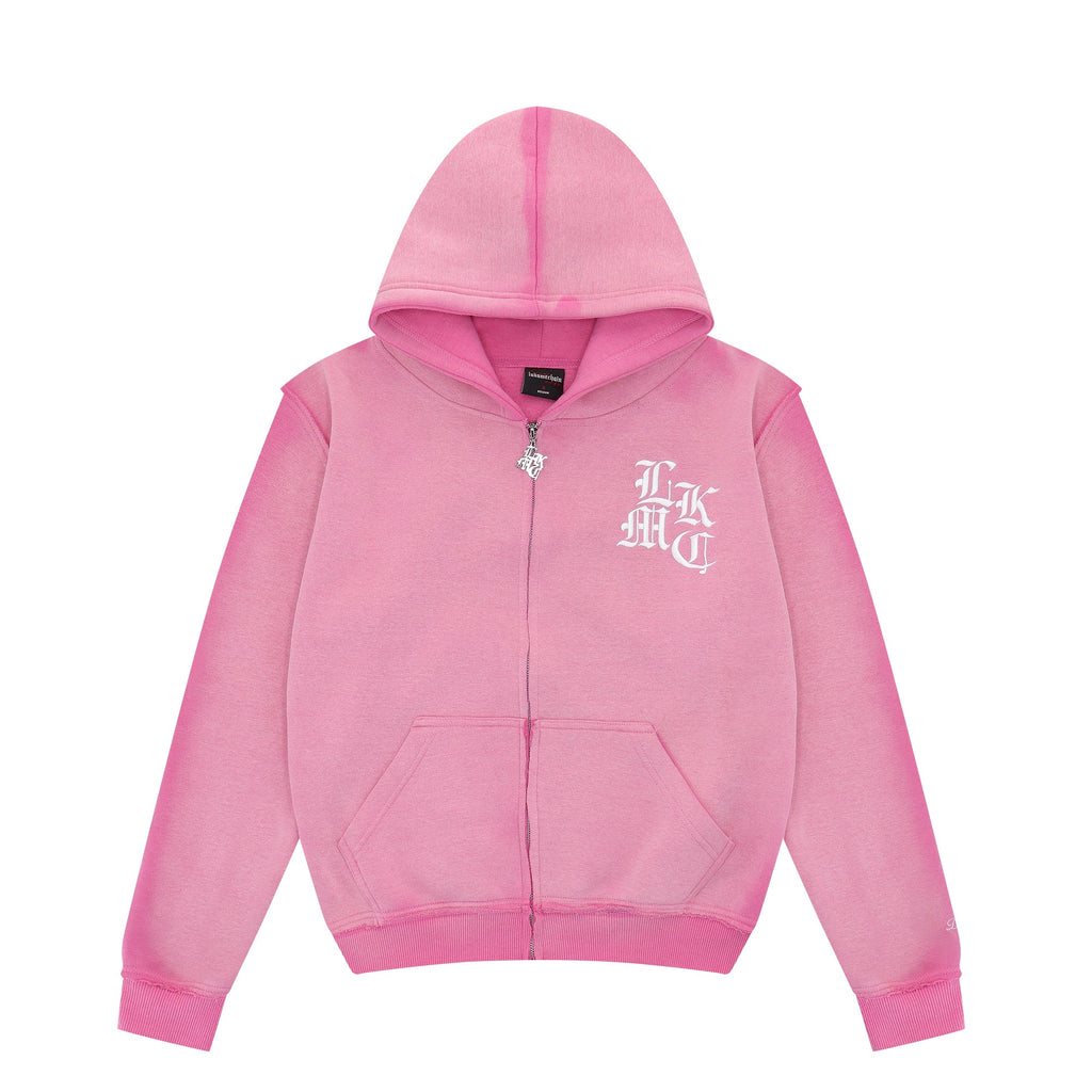 Sweat à capuche zippé effet vieilli rose