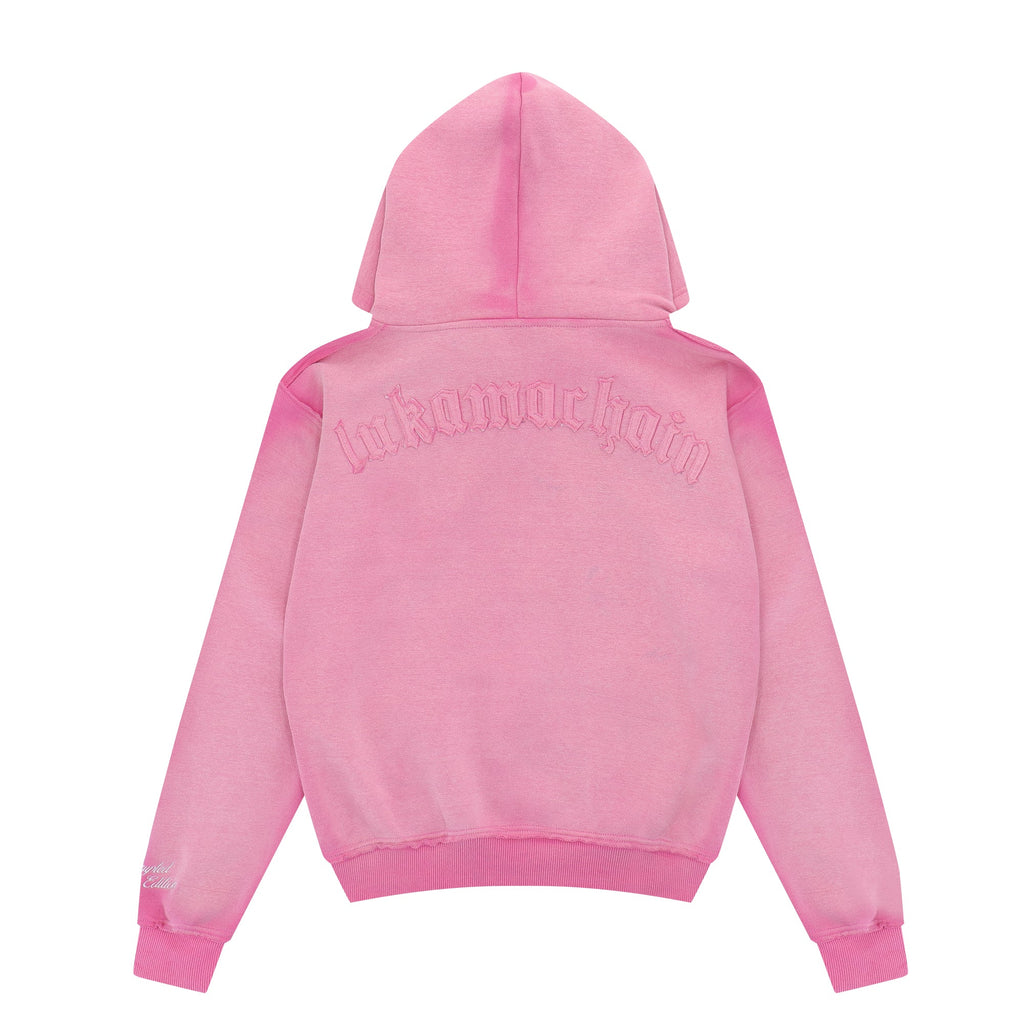 Sweat à capuche zippé effet vieilli rose