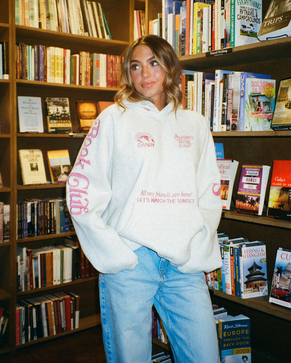Sweat à capuche oversize "Book Club" gris chiné et rose