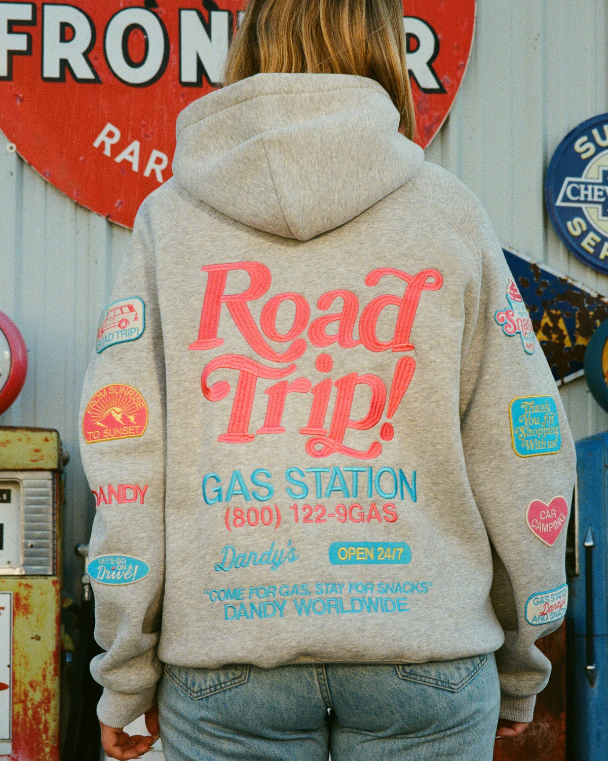 Sweat à capuche oversize « Road Trip ! » en gris chiné foncé