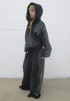 FALLEN KUNSTFELL-HOODIE MIT STRASSSTEINEN UND REISSVERSCHLUSS, GEWASCHENES SCHWARZ (ABNEHMBARES FELL)