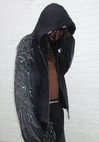 FALLEN KUNSTFELL-HOODIE MIT STRASSSTEINEN UND REISSVERSCHLUSS, GEWASCHENES SCHWARZ (ABNEHMBARES FELL)