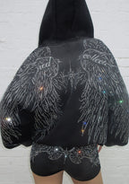 FALLEN KUNSTFELL-HOODIE MIT STRASSSTEINEN UND REISSVERSCHLUSS, GEWASCHENES SCHWARZ (ABNEHMBARES FELL)