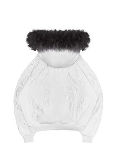 FALLEN FAUX FUR RHINESTONE ZIP HOODIE WHITE (DETACHABLE FUR)
