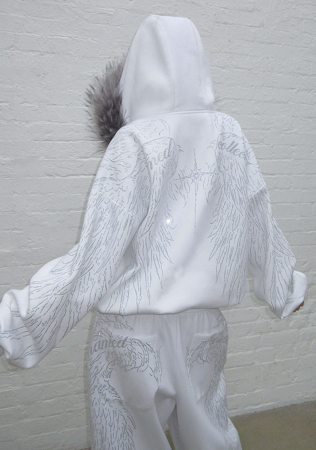 FALLEN hoodie met strass en ritssluiting van imitatiebont, wit (afneembare bontkraag)