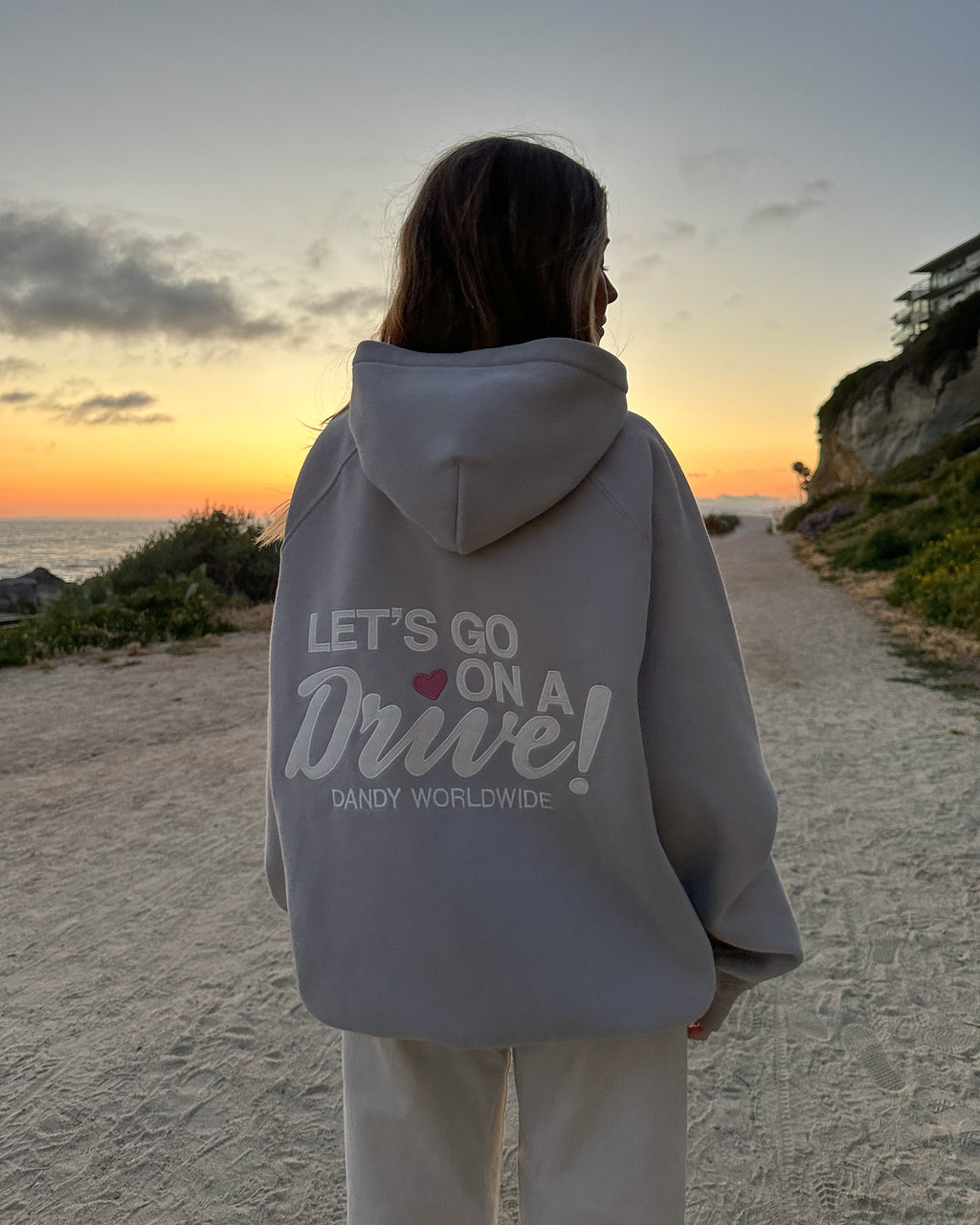 "Let's Go on a Drive" oversized Lux-hoodie in lichtgrijs