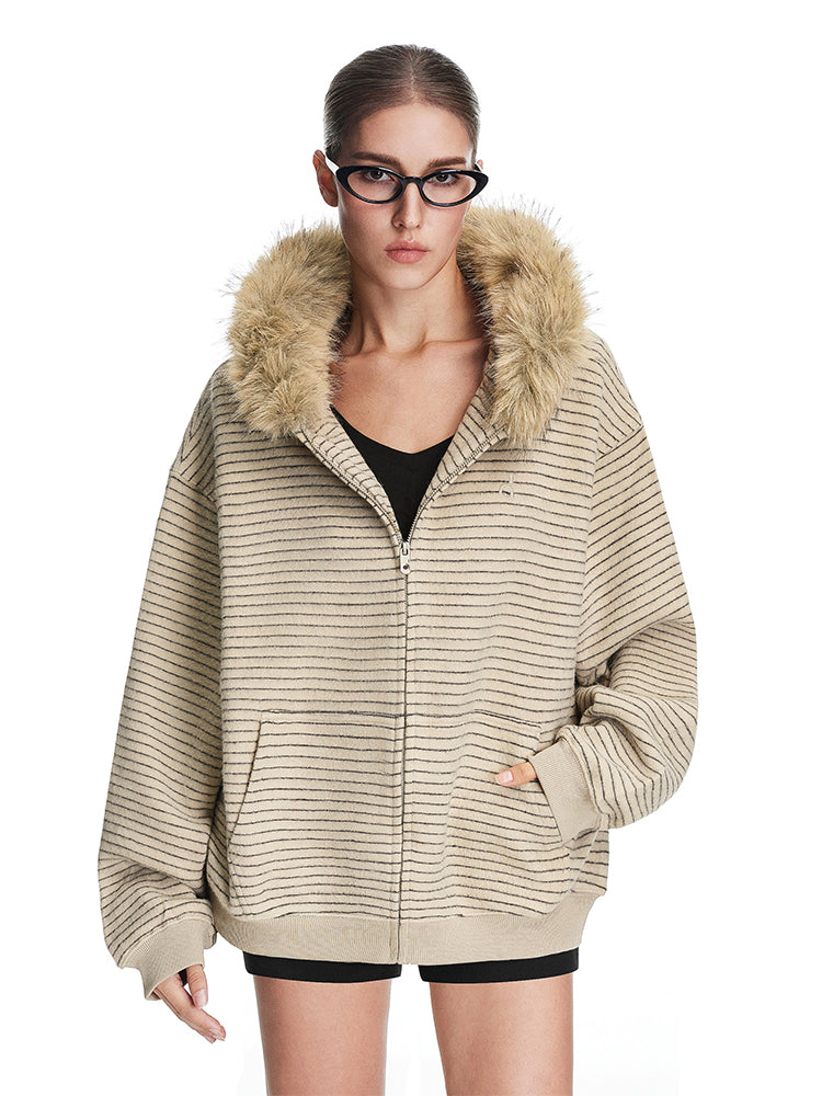 Sweat à capuche en fausse fourrure à rayures Luxe