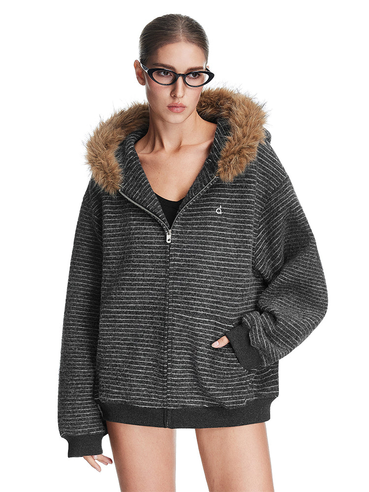 Sweat à capuche en fausse fourrure à rayures Luxe