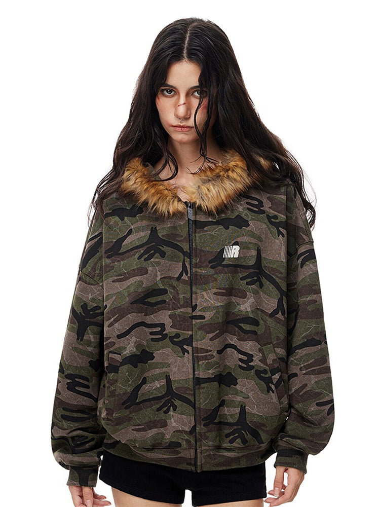 Camo-Fleece-Kapuzenjacke mit Reißverschluss