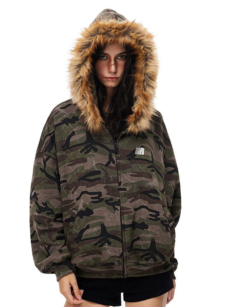 Camo-Fleece-Kapuzenjacke mit Reißverschluss